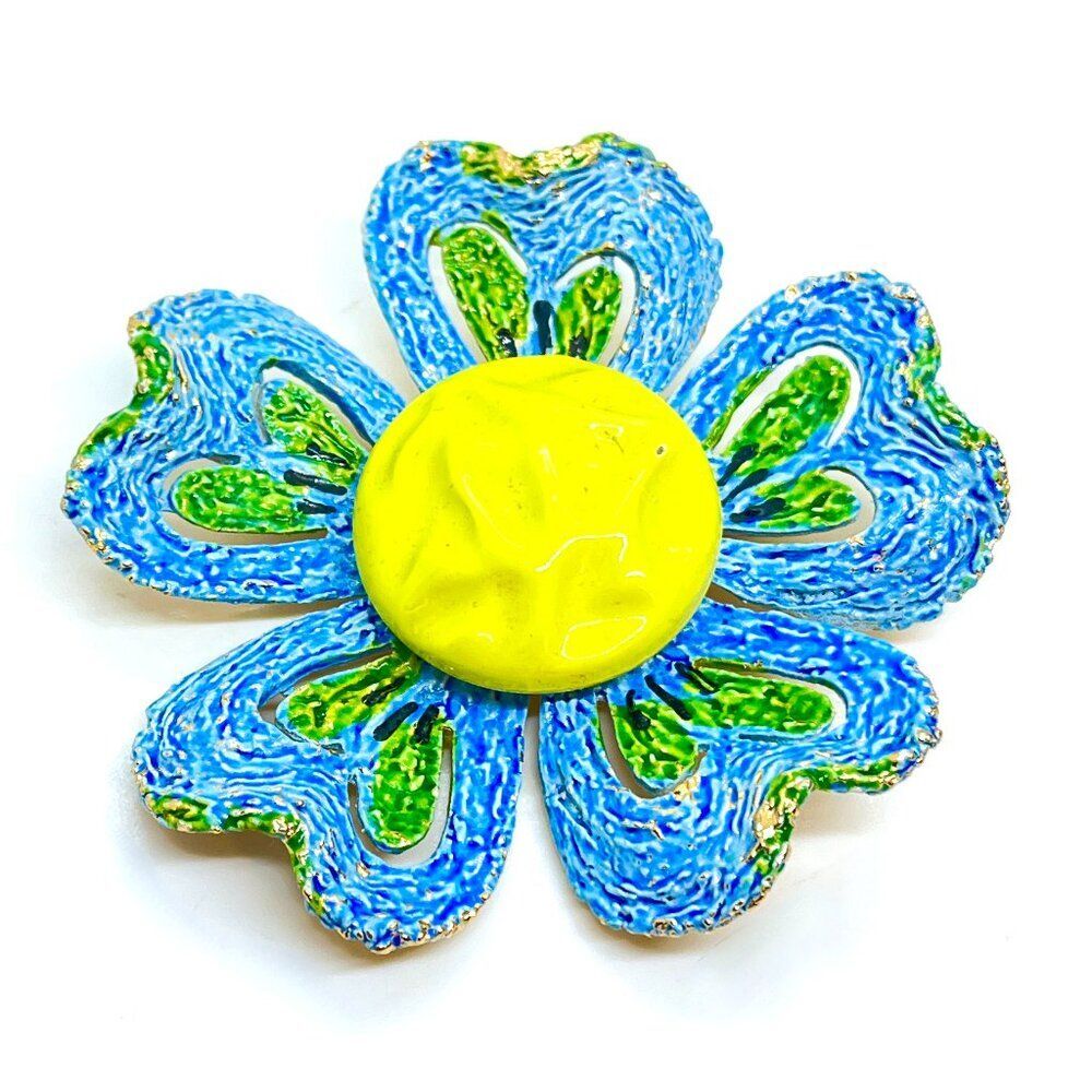 VINTAGE ARTHUR PEPPER Flower Brooch Blue Green Yellow Enamel MCM Signed